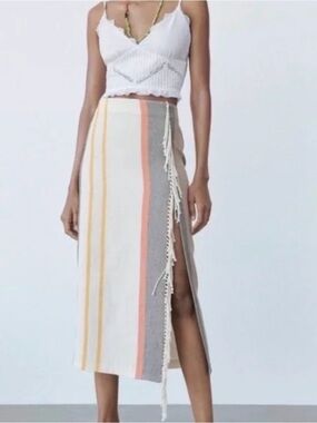 Zara Striped Fringe Wrap Midi Maxi Skirt Cream Orange Yellow Boho Size M